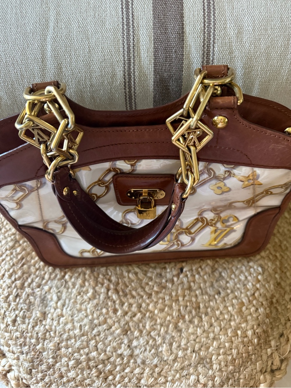 Louis Vuitton Brown & White Chain-Print Satchel with Gold Hardware - Picture 5 of 6